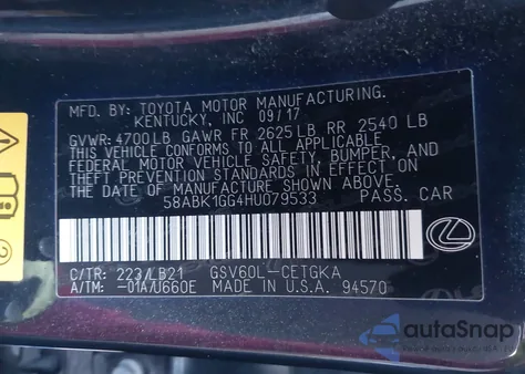 2017 Lexus Es 350 z USA, uszkodzony, nr VIN 58ABK1GG4HU079533